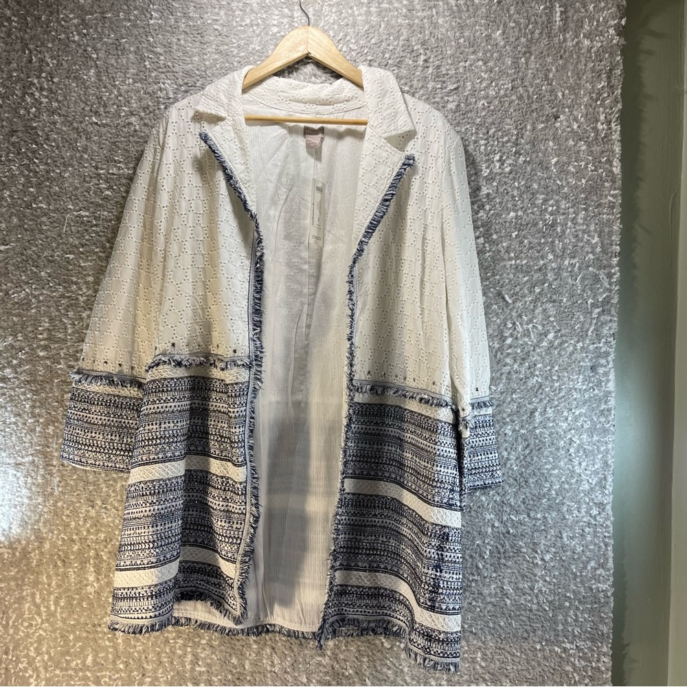 Chicos Cotton Eyelet Topper Embellished Fringe Jacket Cardigan 3 (16-18) NWT